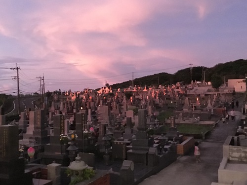 夕日に照らされる「しらさぎ墓地公園」