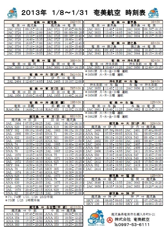 シマンチュ向け1月8日～の航空時刻表　☆奄ツー版☆　